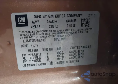 2017 Buick Encore Preferred из США, поврежденный, VIN KL4CJASB8HB109363